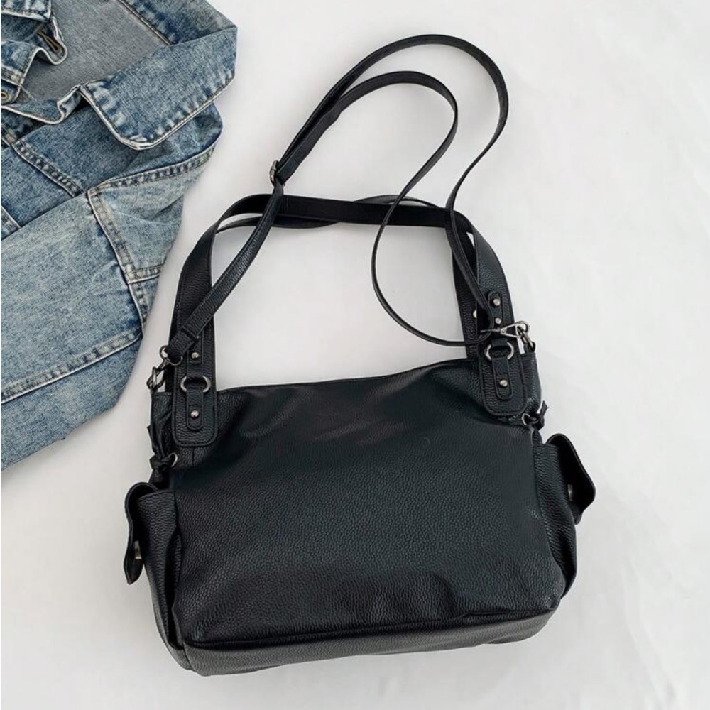 Y2k Large Capacity Shoulder Bag, Black PU Leather Cross Tote - Picture 5 of 5